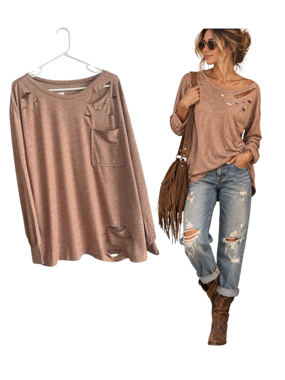 Distressed Camel Tan Long Sleeve Tunic Tee - Grunge Edgy Cutouts